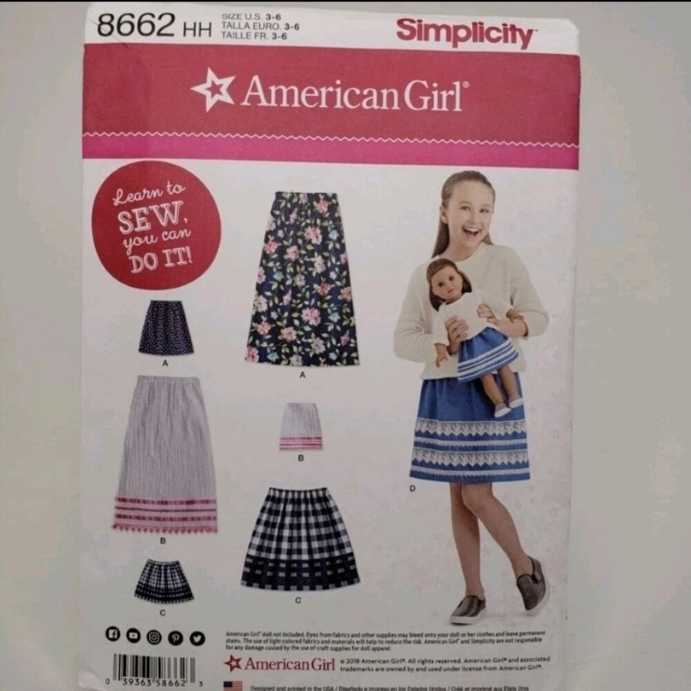 Simplicity 8662 Sewing Pattern American Girl 18" Doll & Girl Clothes Size 7-14